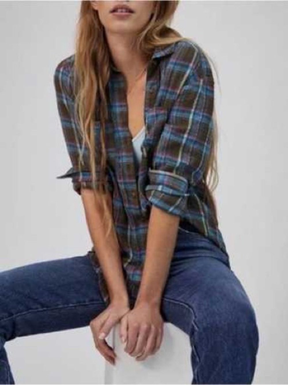 PILCRO x ANTHROPOLOGIE Women’s Slouchy Plaid Shirt Gray Pink Blue